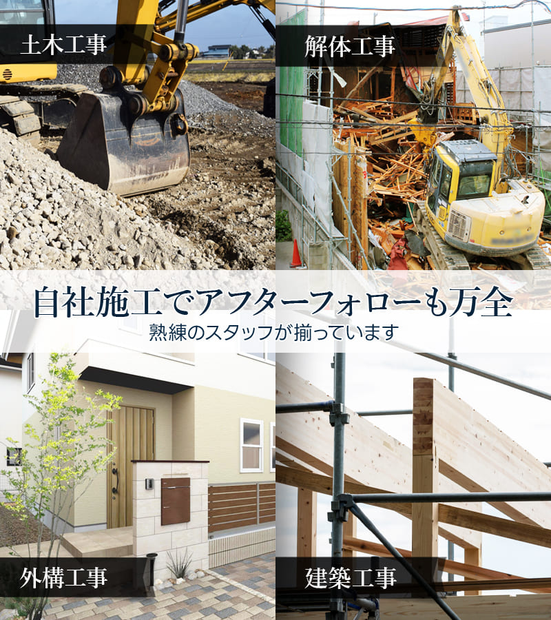 自社施工でアフターフォローも万全 熟練のスタッフが揃っています 外構工事・土木工事・解体工事